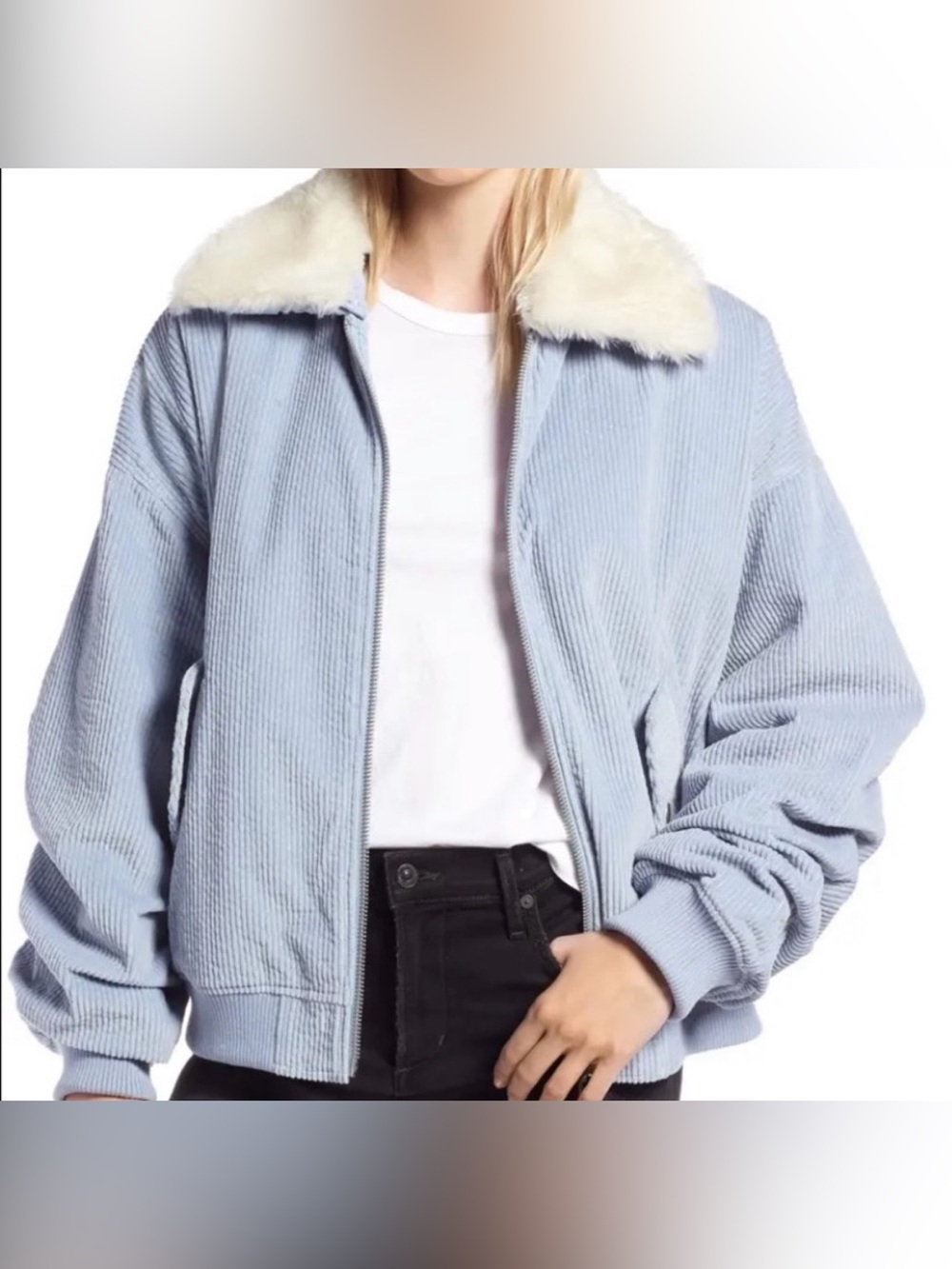 Avec Les Filles Blue Corduroy Bomber Jacket Shearling Collar NEW With Tags XS